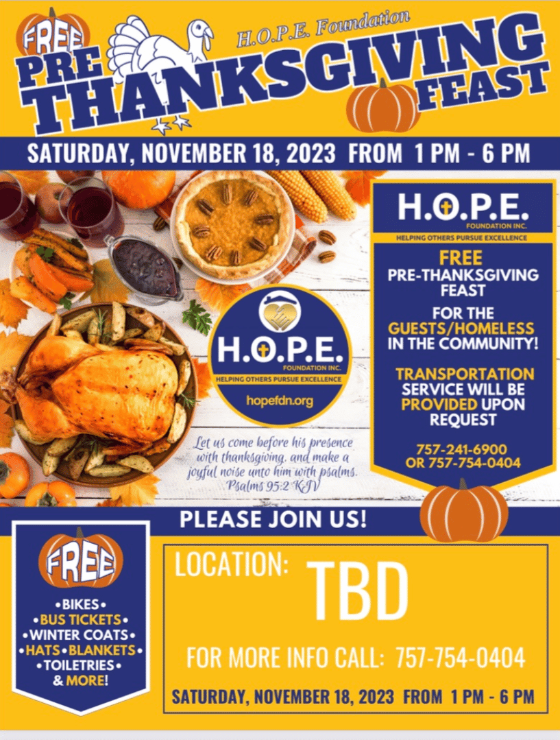 Pre-Thanksgiving Dinner – Saturday, November 18, 2023 – H.O.P.E